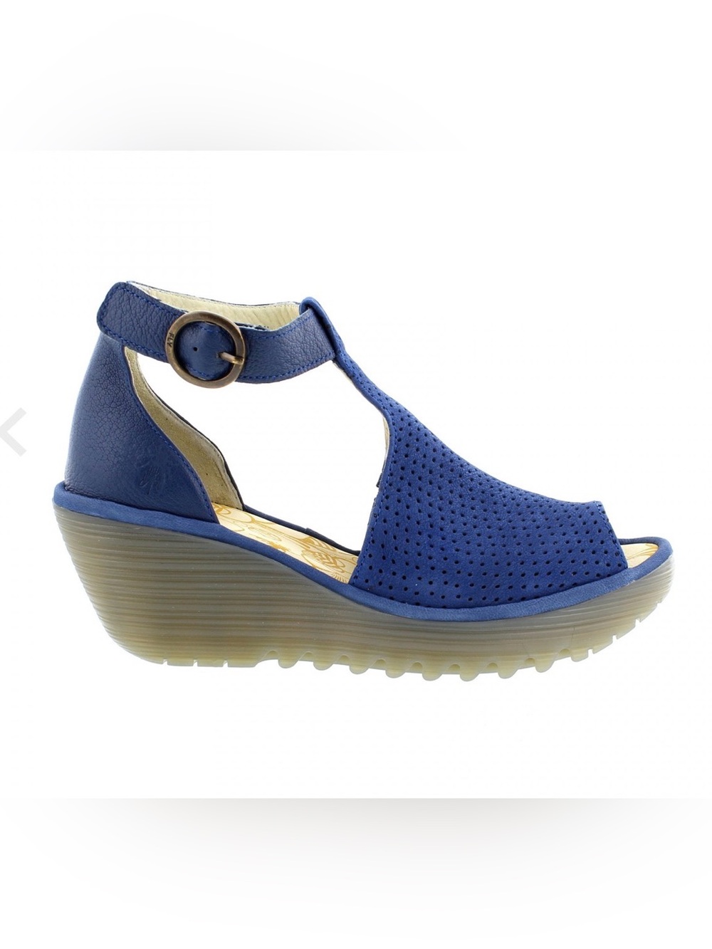 NEW Fly London Wedge Sandals Womens Sz 35 US 5 Leather Yehi Navy Blue Shoes